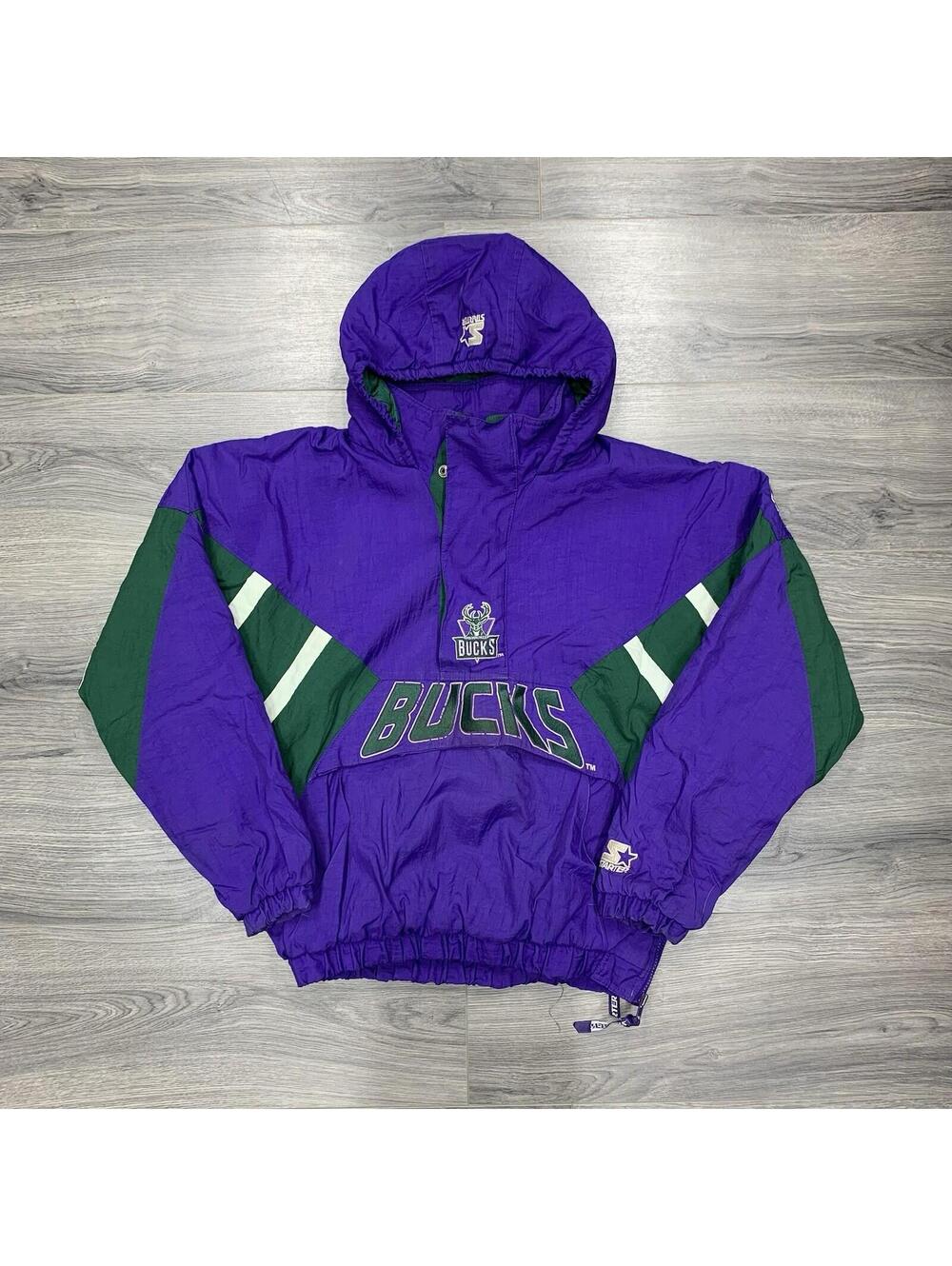 Vintage 90S Starter Milwaukee Bucks puffer Jacket Medium RARE MENS PURPLE LOGO